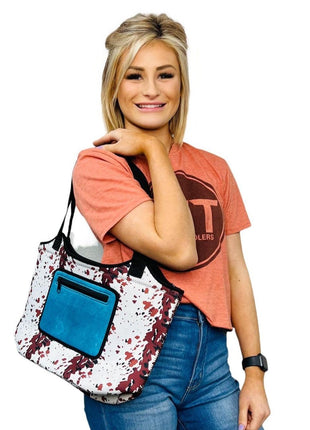 Cowhide W/ Turquoise Leather Pocket Neoprene Tote - Drink Handlers
