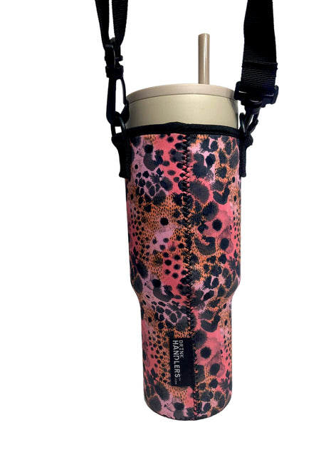 Blushing Leopard 40oz Tumbler With Handle Sleeve  BACKORDERED with 2-3 turnaround time from time ordered.