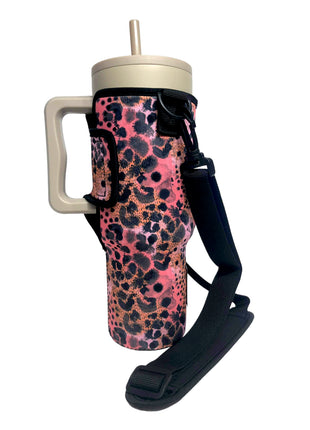 Blushing Leopard 40oz Tumbler With Handle Sleeve  BACKORDERED with 2-3 turnaround time from time ordered.