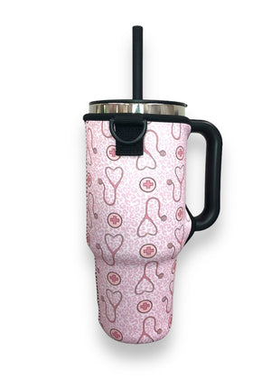 Nurse Leopard 40oz Tumbler With Handle Sleeve - Drink Handlers