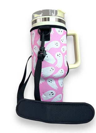 Pink Ghost 40oz Tumbler With Handle Sleeve - Drink Handlers