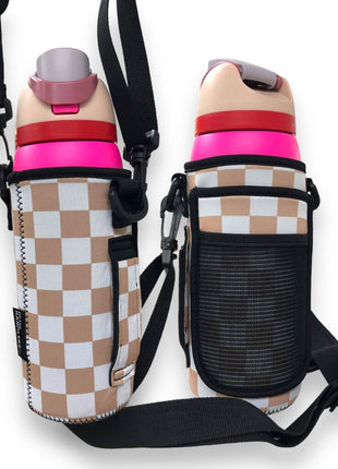 Tan Checkerboard 30-40oz Tumbler Handler™ With Carrying Strap - Drink Handlers