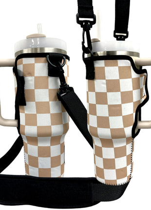 Tan Checkers 40oz Tumbler With Handle Sleeve - Drink Handlers