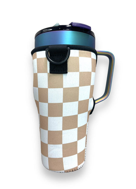 Tan Checkerboard 25-35oz Tumbler With Handle Sleeve