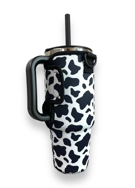 Black and White Cow 40oz Tumbler With Handle Sleeve