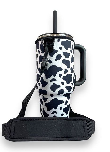 Black and White Cow 40oz Tumbler With Handle Sleeve