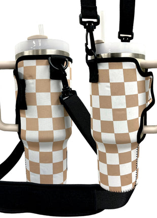 Tan Checkers 40oz Tumbler With Handle Sleeve