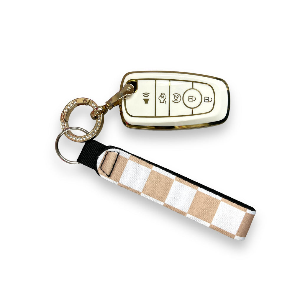 Tan Checkerboard Wristlet Keychain