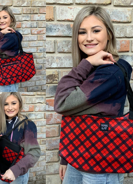 Red Plaid Neoprene Tote