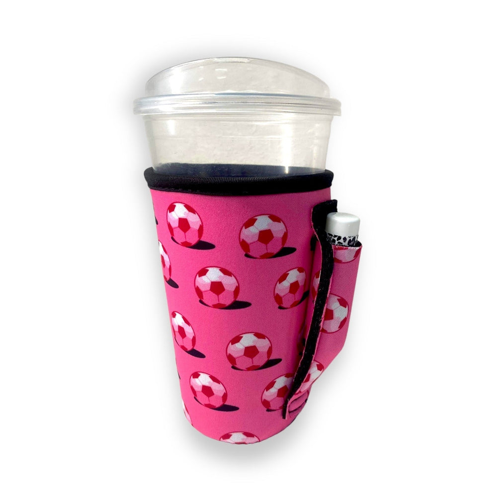 Pink Soccer 16oz PINT Glass / Medium Fountain Drinks and Hot Coffee Handlers™ - Drink Handlers