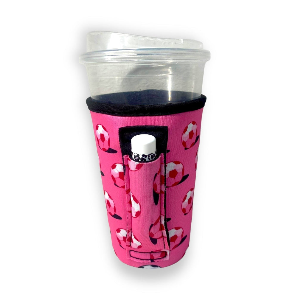 Pink Soccer 16oz PINT Glass / Medium Fountain Drinks and Hot Coffee Handlers™ - Drink Handlers